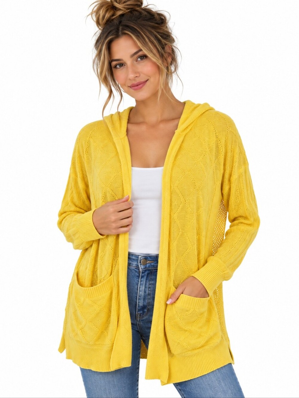 Anthropologie Sparrow Cardigan M Yellow Linen Cotton Hooded Pointelle Knit